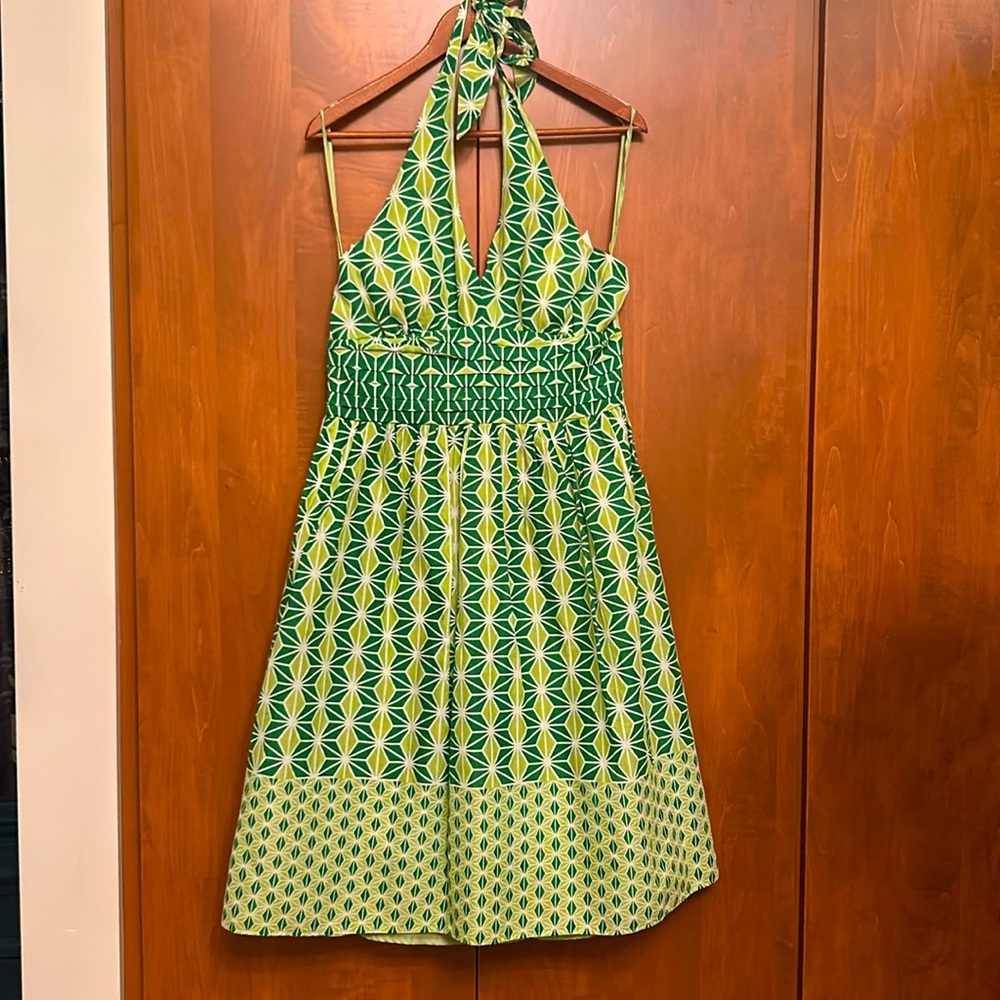 AMANDA LANE cotton halter dress in a green and lime geometric pattern, size 12